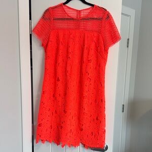 Vibrant Coral Lace Midi Dress